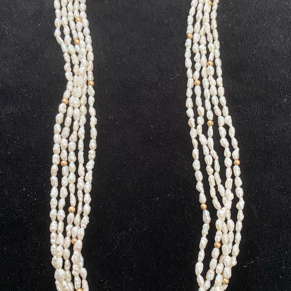 14k Yellow Gold Multi Strand Baroque Pearl and Gold Bead Necklace 18”